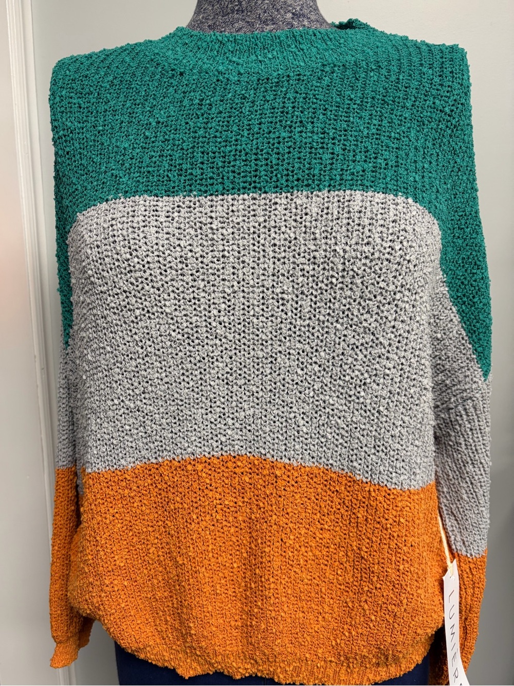 Colorblock Knit Sweater in Teal, Gray & Orange